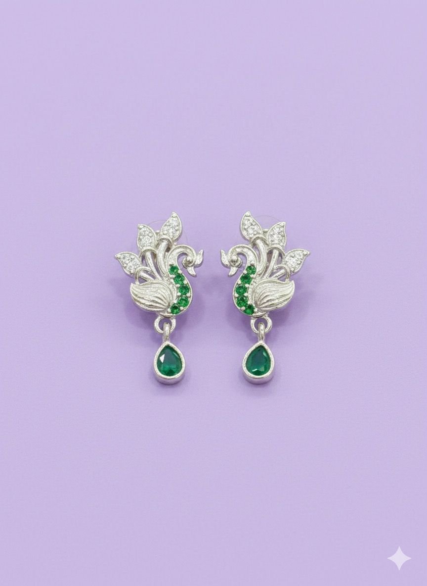 92.5 silver Green Stone Feathered peacock Studs 